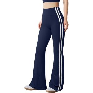 imageOQQ Pants for Women Soft Active High Waist Yoga Leggings Stripes Flared TrousersNavy Blue