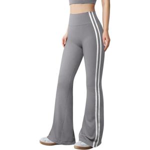imageOQQ Pants for Women Soft Active High Waist Yoga Leggings Stripes Flared TrousersSmoke Grey