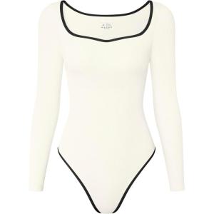 imageOQQ Women Bodysuit ContrastTrim Square Neck Long Sleeve Stretch Bodysuit TopsBeige