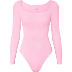 imageOQQ Women Bodysuit ContrastTrim Square Neck Long Sleeve Stretch Bodysuit TopsPink Cherry Blossom