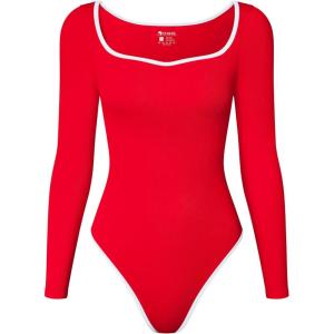 imageOQQ Women Bodysuit ContrastTrim Square Neck Long Sleeve Stretch Bodysuit TopsRed
