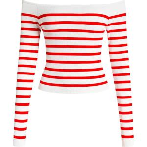 imageOQQ Women Off The Shoulder Knit Top Tide Striped TShirts Fitted Basic Tee 2025 Crop TunicsRed