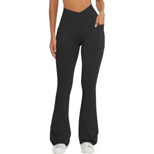 imageOQQ Women Pants Soft Active High Waist Crossover Flared Trousers with PocketsBlack