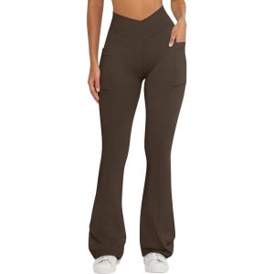 imageOQQ Women Pants Soft Active High Waist Crossover Flared Trousers with PocketsDarkbrown