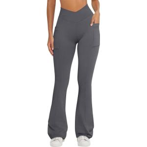imageOQQ Women Pants Soft Active High Waist Crossover Flared Trousers with PocketsDarkgrey
