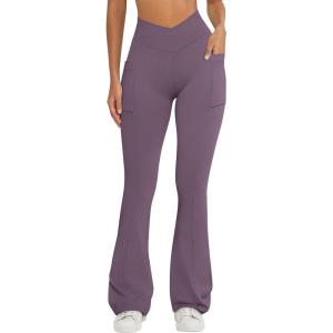 imageOQQ Women Pants Soft Active High Waist Crossover Flared Trousers with PocketsGrape Purple