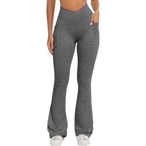 imageOQQ Women Pants Soft Active High Waist Crossover Flared Trousers with PocketsHeather Black