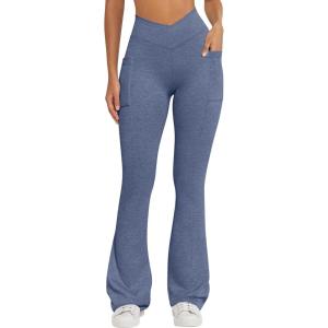 imageOQQ Women Pants Soft Active High Waist Crossover Flared Trousers with PocketsHeather Navy Blue