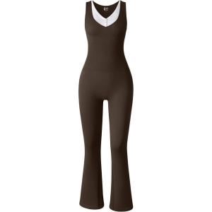 imageOQQ Womens Jumpsuits V Neck Basic Sleeveless Stretch ClassicFit Sexy Long Pants Rompers 2025Darkbrown