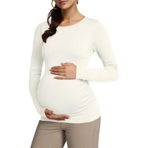 imageOQQ Womens Maternity Shirts Crew Neck Maternity Top Long Sleeve Casual Tee Side Ruched Pregnancy ClothesBeige