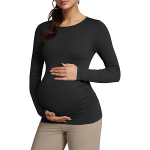imageOQQ Womens Maternity Shirts Crew Neck Maternity Top Long Sleeve Casual Tee Side Ruched Pregnancy ClothesBlack