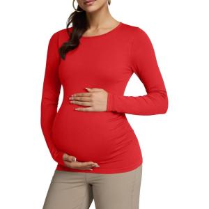 imageOQQ Womens Maternity Shirts Crew Neck Maternity Top Long Sleeve Casual Tee Side Ruched Pregnancy ClothesRed