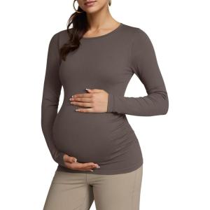 imageOQQ Womens Maternity Shirts Crew Neck Maternity Top Long Sleeve Casual Tee Side Ruched Pregnancy ClothesTea Leaf