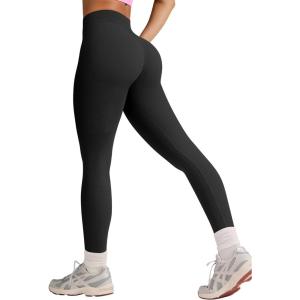 imageOQQ Workout Leggings for Women Seamless Scrunch Tights Tummy Control Impact Girl Activewear Yoga Pants Black