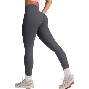 imageOQQ Workout Leggings for Women Seamless Scrunch Tights Tummy Control Impact Girl Activewear Yoga Pants Darkgrey