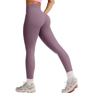 imageOQQ Workout Leggings for Women Seamless Scrunch Tights Tummy Control Impact Girl Activewear Yoga Pants Grape Purple