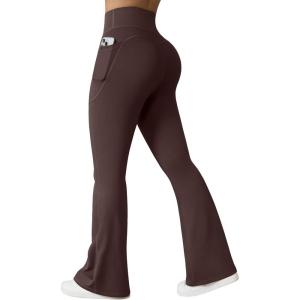 imageOQQ Yoga Pants Women High Waist Butt Lifting Casual Soft Leg Flared Bottoms with PocketsBrown