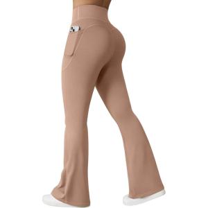 imageOQQ Yoga Pants Women High Waist Butt Lifting Casual Soft Leg Flared Bottoms with PocketsWalnut Wood