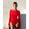 imageOQQ Bodysuits for Women Boatneck Long Sleeve Basic Stretch ClassicFit Tops Sexy BodysuitRed