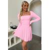 imageOQQ Long Sleeve Mini Dress Women Cocktail Ruched Waist Ruffle Corset Party Aline DressesPink Cherry Blossom