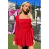 imageOQQ Long Sleeve Mini Dress Women Cocktail Ruched Waist Ruffle Corset Party Aline DressesRed