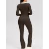 imageOQQ Women Jumpsuits Long Sleeve Crew Neck Stretch Contrast Workout Active Flared Bottoms JumpsuitsDarkbrown