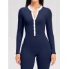 imageOQQ Women Jumpsuits Long Sleeve Crew Neck Stretch Contrast Workout Active Flared Bottoms JumpsuitsNavy Blue