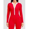 imageOQQ Women Jumpsuits Long Sleeve Crew Neck Stretch Contrast Workout Active Flared Bottoms JumpsuitsRed