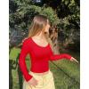 imageOQQ Women Tops Scoop Neck Long Sleeve Fitting Stretch Clothes Basic Cami ShirtsRed