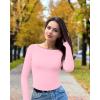 imageOQQ Womens Shirt Boat Neck Long Sleeve Slim Tops Basic Tee Stretch Clothes Spring Fall WinterPink Cherry Blossom