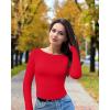 imageOQQ Womens Shirt Boat Neck Long Sleeve Slim Tops Basic Tee Stretch Clothes Spring Fall WinterRed