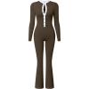 imageOQQ Women Jumpsuits Long Sleeve Crew Neck Stretch Contrast Workout Active Flared Bottoms JumpsuitsDarkbrown