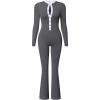 imageOQQ Women Jumpsuits Long Sleeve Crew Neck Stretch Contrast Workout Active Flared Bottoms JumpsuitsDarkgrey