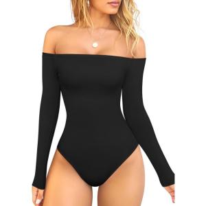 imageOQQ Bodysuits Womens OffShoulder Long Sleeve Seamless Shapewear TopsBlack