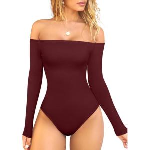 imageOQQ Bodysuits Womens OffShoulder Long Sleeve Seamless Shapewear TopsDarkred