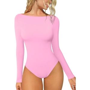 imageOQQ Bodysuits for Women Boatneck Long Sleeve Basic Stretch ClassicFit Tops Sexy BodysuitPink