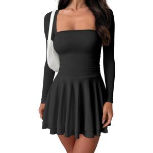imageOQQ Long Sleeve Mini Dress Women Cocktail Ruched Waist Ruffle Corset Party Aline DressesBlack