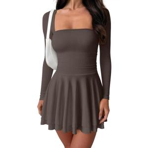 imageOQQ Long Sleeve Mini Dress Women Cocktail Ruched Waist Ruffle Corset Party Aline DressesTea Leaf