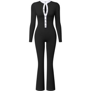imageOQQ Women Jumpsuits Long Sleeve Crew Neck Stretch Contrast Workout Active Flared Bottoms JumpsuitsBlack