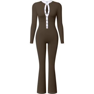imageOQQ Women Jumpsuits Long Sleeve Crew Neck Stretch Contrast Workout Active Flared Bottoms JumpsuitsDarkbrown