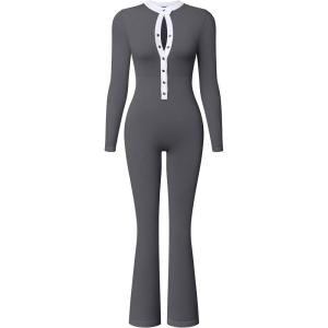 imageOQQ Women Jumpsuits Long Sleeve Crew Neck Stretch Contrast Workout Active Flared Bottoms JumpsuitsDarkgrey