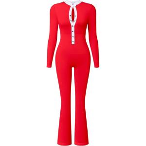imageOQQ Women Jumpsuits Long Sleeve Crew Neck Stretch Contrast Workout Active Flared Bottoms JumpsuitsRed