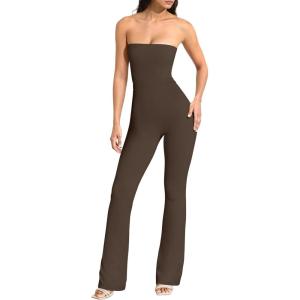 imageOQQ Womens Jumpsuits Tube Strapless With Removeable Bra One Piece Outfits Ruched ClassicFit JumpsuitsDarkbrown
