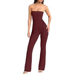 imageOQQ Womens Jumpsuits Tube Strapless With Removeable Bra One Piece Outfits Ruched ClassicFit JumpsuitsDarkred