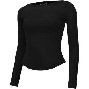 imageOQQ Womens Shirt Boat Neck Long Sleeve Slim Tops Basic Tee Stretch Clothes Spring Fall WinterBlack