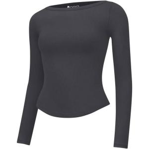 imageOQQ Womens Shirt Boat Neck Long Sleeve Slim Tops Basic Tee Stretch Clothes Spring Fall WinterDarkgrey
