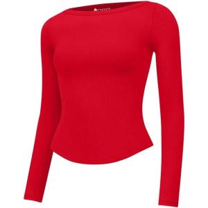 imageOQQ Womens Shirt Boat Neck Long Sleeve Slim Tops Basic Tee Stretch Clothes Spring Fall WinterRed