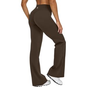 imageOQQ Yoga Pants Women High Waist Crossover Stretch Casual Soft Straight Leg Bottoms with PocketsDarkbrown