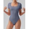 imageOQQ Women Bodysuits Ruched Short Sleeve Square Neck Stretch Lounge Travel BodysuitsBlues