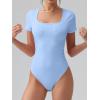 imageOQQ Women Bodysuits Ruched Short Sleeve Square Neck Stretch Lounge Travel BodysuitsCandyblue